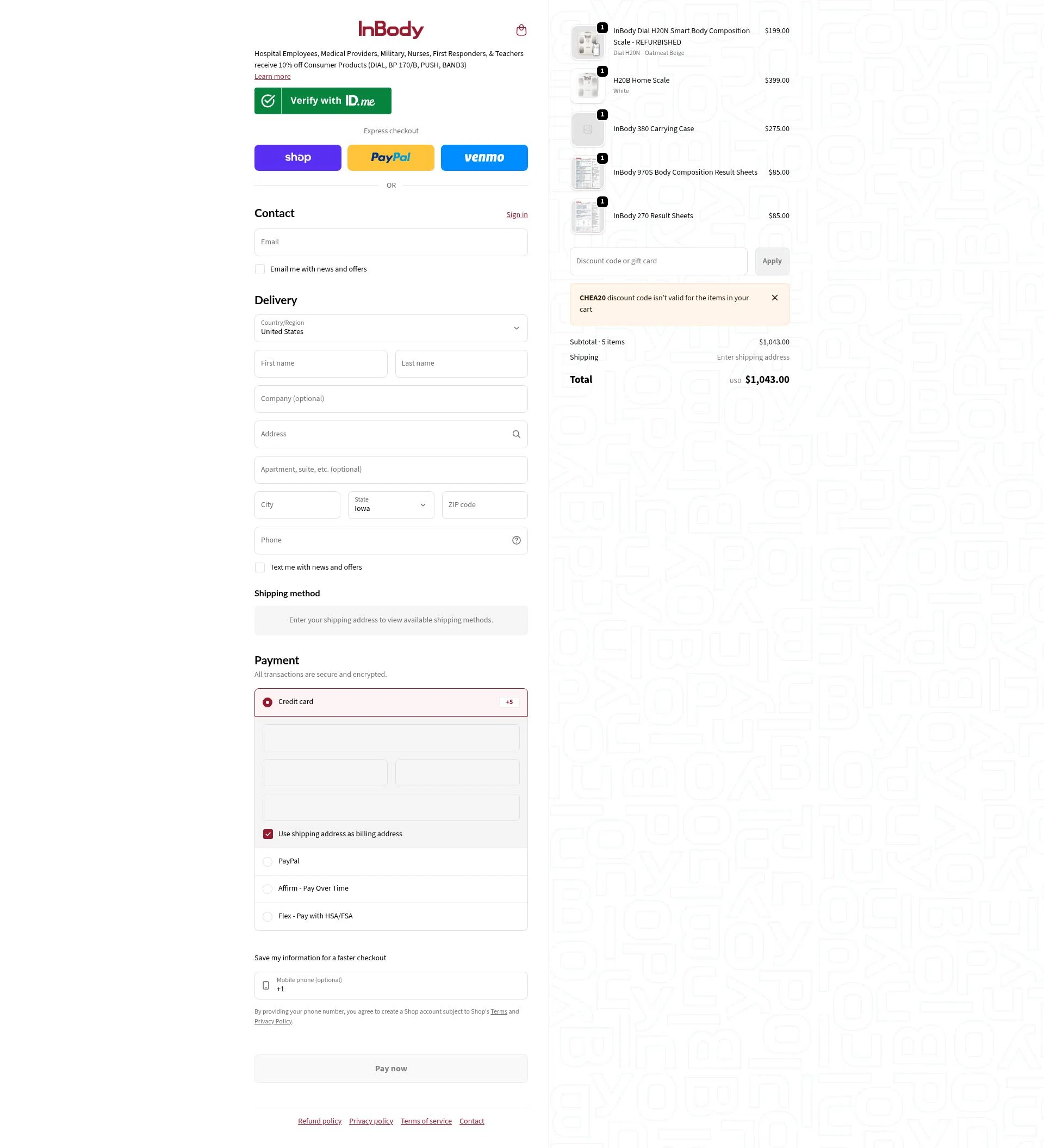 InBody USA checkout page showing InBody USA discount code box | Screenshot taken by SimplyCodes community member on Feb 12, 2026