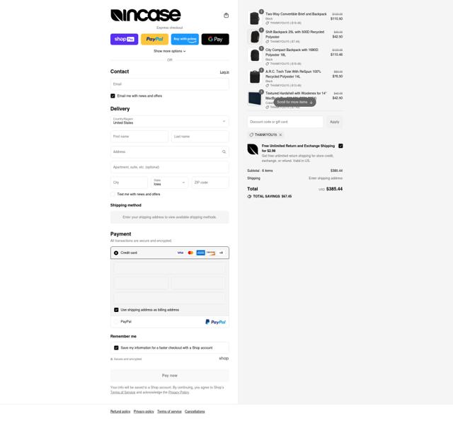 Incase checkout page showing Incase coupon code box | Screenshot taken by SimplyCodes community member on Aug 12, 2025