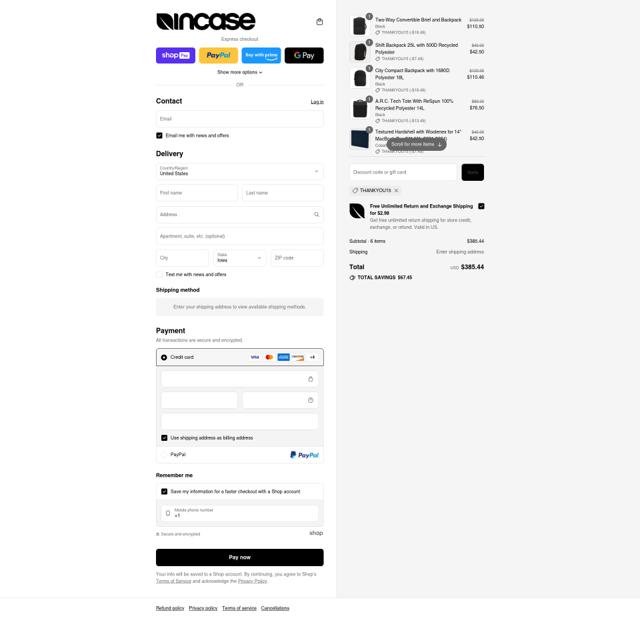 Incase checkout page showing Incase coupon code box | Screenshot taken by SimplyCodes community member on Aug 8, 2025