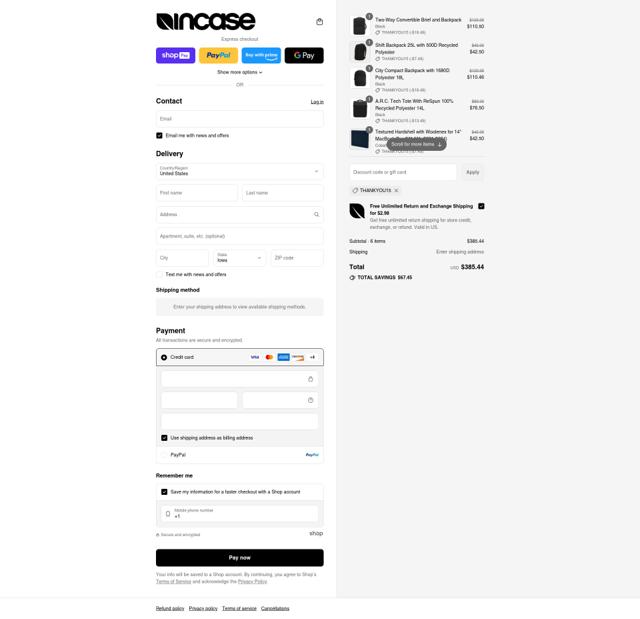 Incase checkout page showing Incase coupon code box | Screenshot taken by SimplyCodes community member on Aug 16, 2025