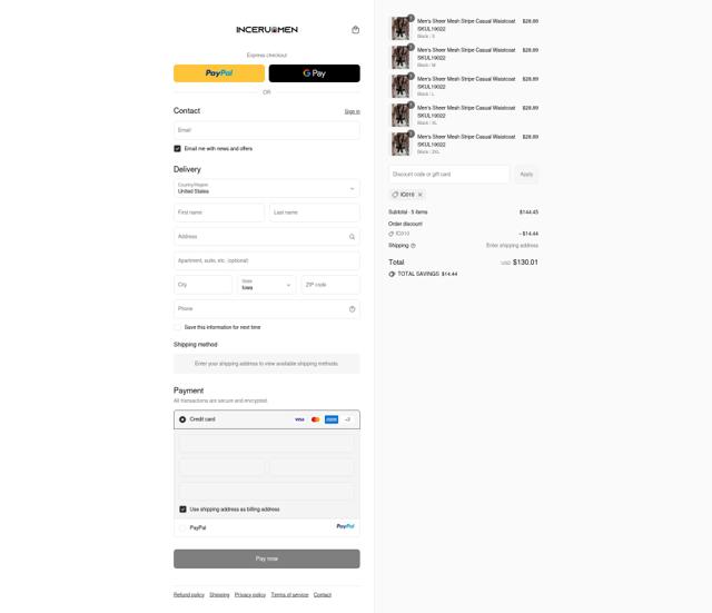 Incerunmen checkout page showing Incerunmen discount code box | Screenshot taken by SimplyCodes community member on Sep 13, 2025