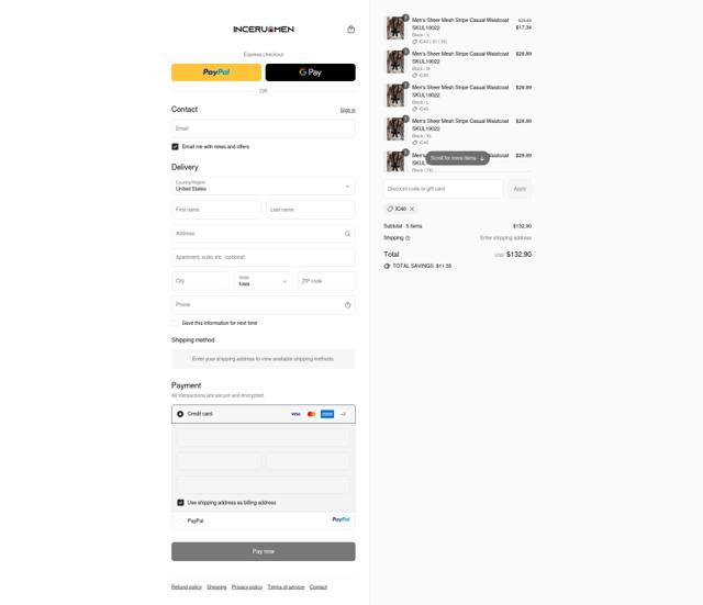 Incerunmen checkout page showing Incerunmen discount code box | Screenshot taken by SimplyCodes community member on Sep 13, 2025