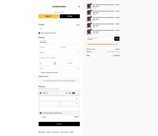 Incerunmen checkout page showing Incerunmen discount code box | Screenshot taken by SimplyCodes community member on Sep 13, 2025