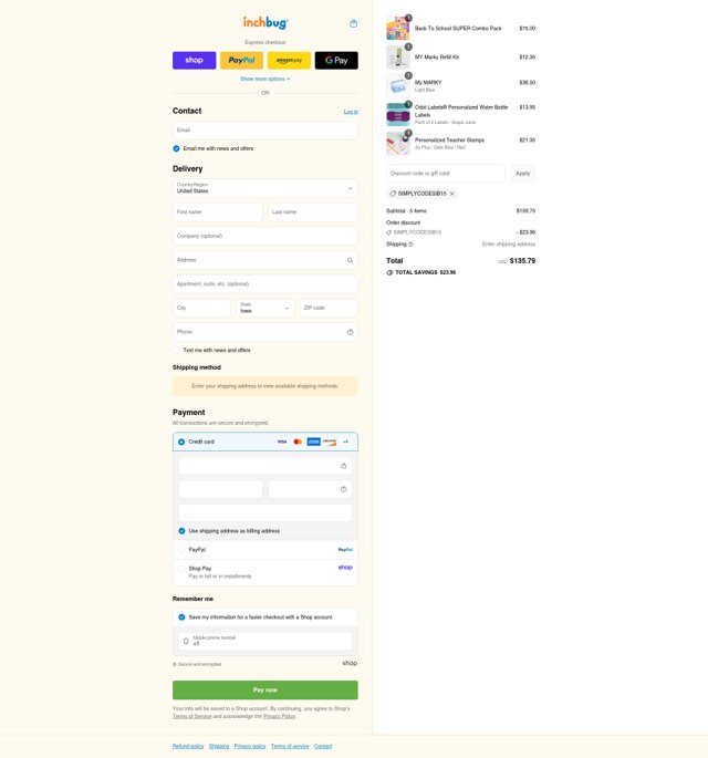InchBug checkout page showing InchBug coupon code box | Screenshot taken by SimplyCodes community member on Aug 31, 2025