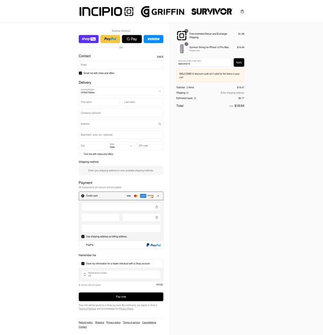 Incipio checkout page showing Incipio promo code box | Screenshot taken by SimplyCodes community member on Jul 31, 2025