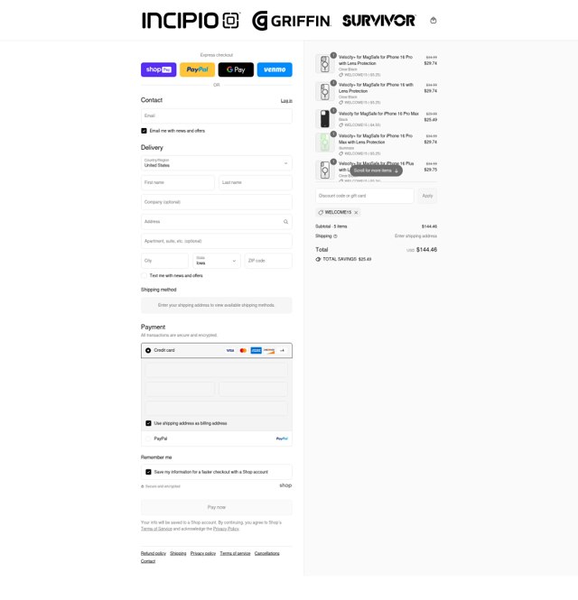 Incipio checkout page showing Incipio promo code box | Screenshot taken by SimplyCodes community member on Aug 26, 2025