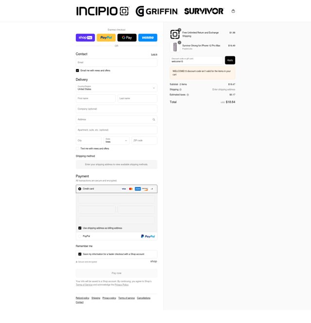 Incipio checkout page showing Incipio promo code box | Screenshot taken by SimplyCodes community member on Jul 27, 2025