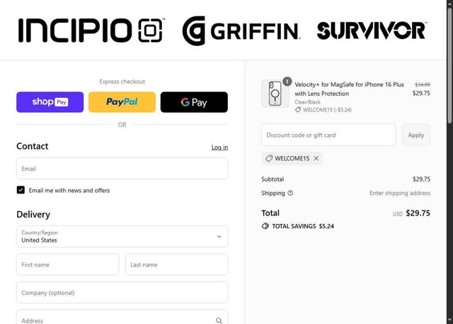 Incipio checkout page showing Incipio promo code box | Screenshot taken by SimplyCodes community member on Aug 13, 2025