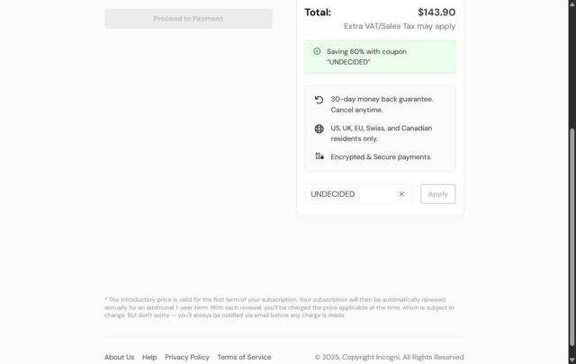 Incogni checkout page showing Incogni coupon code box | Screenshot taken by SimplyCodes community member on Sep 6, 2025