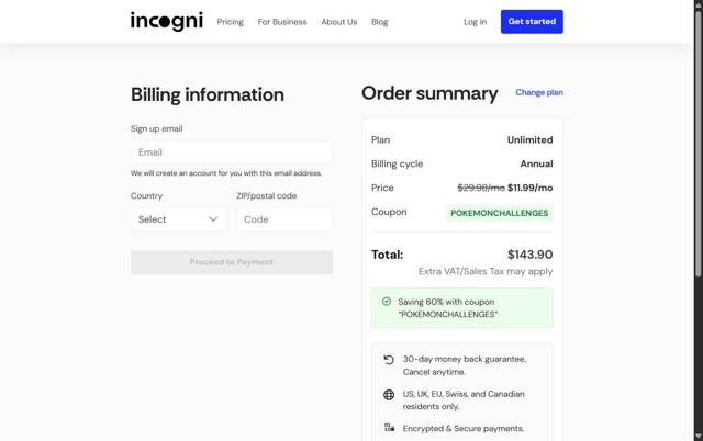 Incogni checkout page showing Incogni coupon code box | Screenshot taken by SimplyCodes community member on Aug 21, 2025