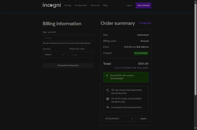 Incogni checkout page showing Incogni coupon code box | Screenshot taken by SimplyCodes community member on Aug 19, 2025