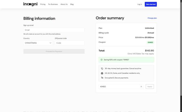 Incogni checkout page showing Incogni coupon code box | Screenshot taken by SimplyCodes community member on Sep 6, 2025
