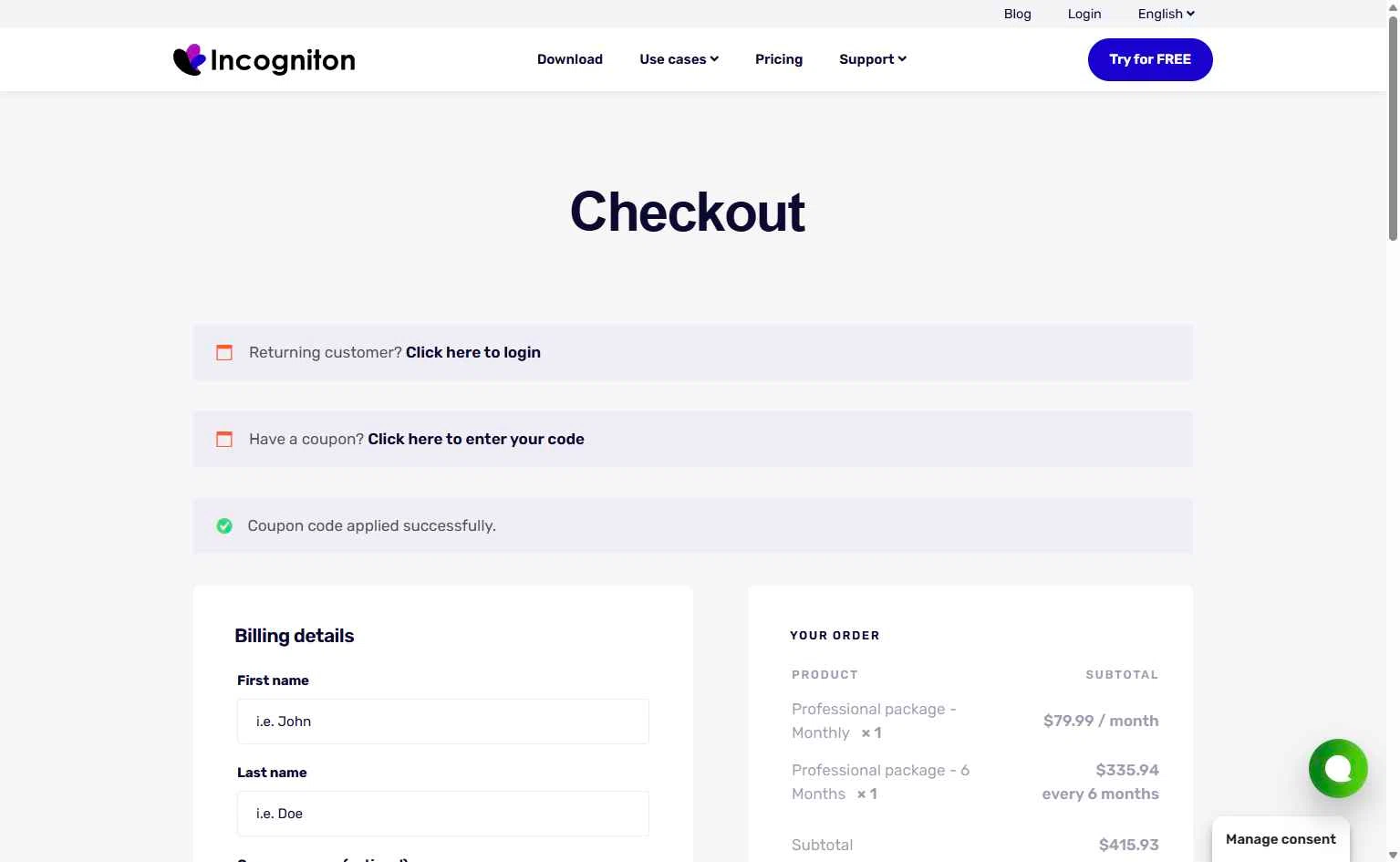 Incogniton checkout page showing Incogniton coupon code box | Screenshot taken by SimplyCodes community member on Feb 6, 2026