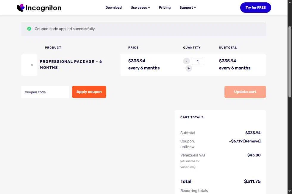 Incogniton checkout page showing Incogniton coupon code box | Screenshot taken by SimplyCodes community member on Sep 9, 2025