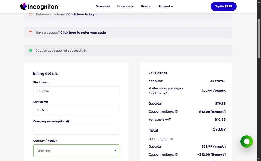 Incogniton checkout page showing Incogniton coupon code box | Screenshot taken by SimplyCodes community member on Feb 1, 2026