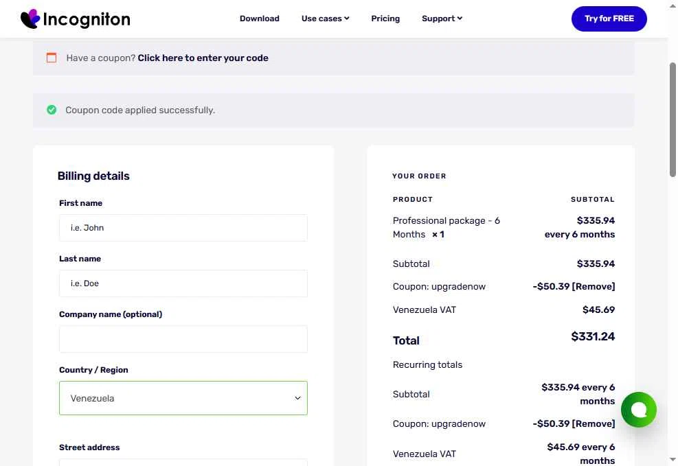 Incogniton checkout page showing Incogniton coupon code box | Screenshot taken by SimplyCodes community member on Jan 8, 2026
