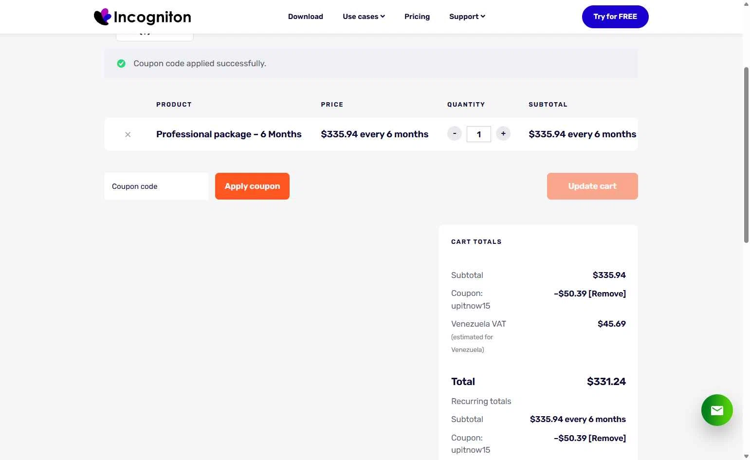 Incogniton checkout page showing Incogniton coupon code box | Screenshot taken by SimplyCodes community member on Nov 6, 2025