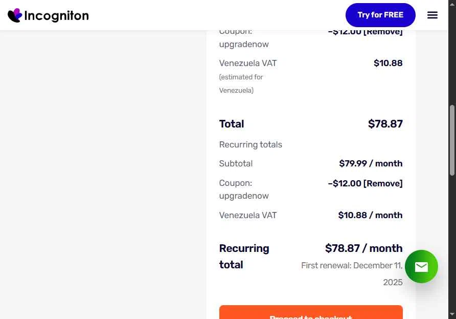 Incogniton checkout page showing Incogniton coupon code box | Screenshot taken by SimplyCodes community member on Nov 11, 2025