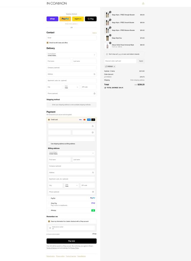 In Common Beauty checkout page showing In Common Beauty promo code box | Screenshot taken by SimplyCodes community member on Sep 11, 2025