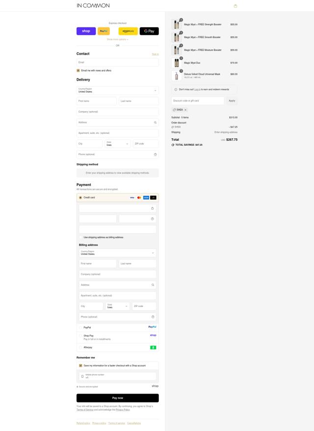 In Common Beauty checkout page showing In Common Beauty promo code box | Screenshot taken by SimplyCodes community member on Sep 11, 2025