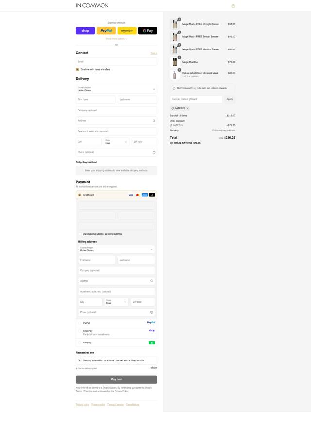 In Common Beauty checkout page showing In Common Beauty promo code box | Screenshot taken by SimplyCodes community member on Sep 11, 2025