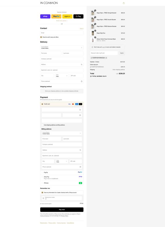 In Common Beauty checkout page showing In Common Beauty promo code box | Screenshot taken by SimplyCodes community member on Sep 11, 2025