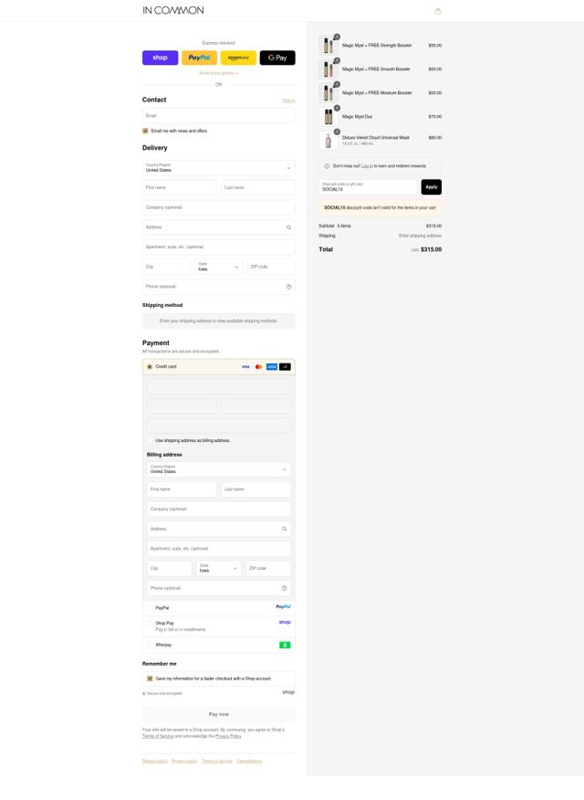 In Common Beauty checkout page showing In Common Beauty promo code box | Screenshot taken by SimplyCodes community member on Sep 11, 2025