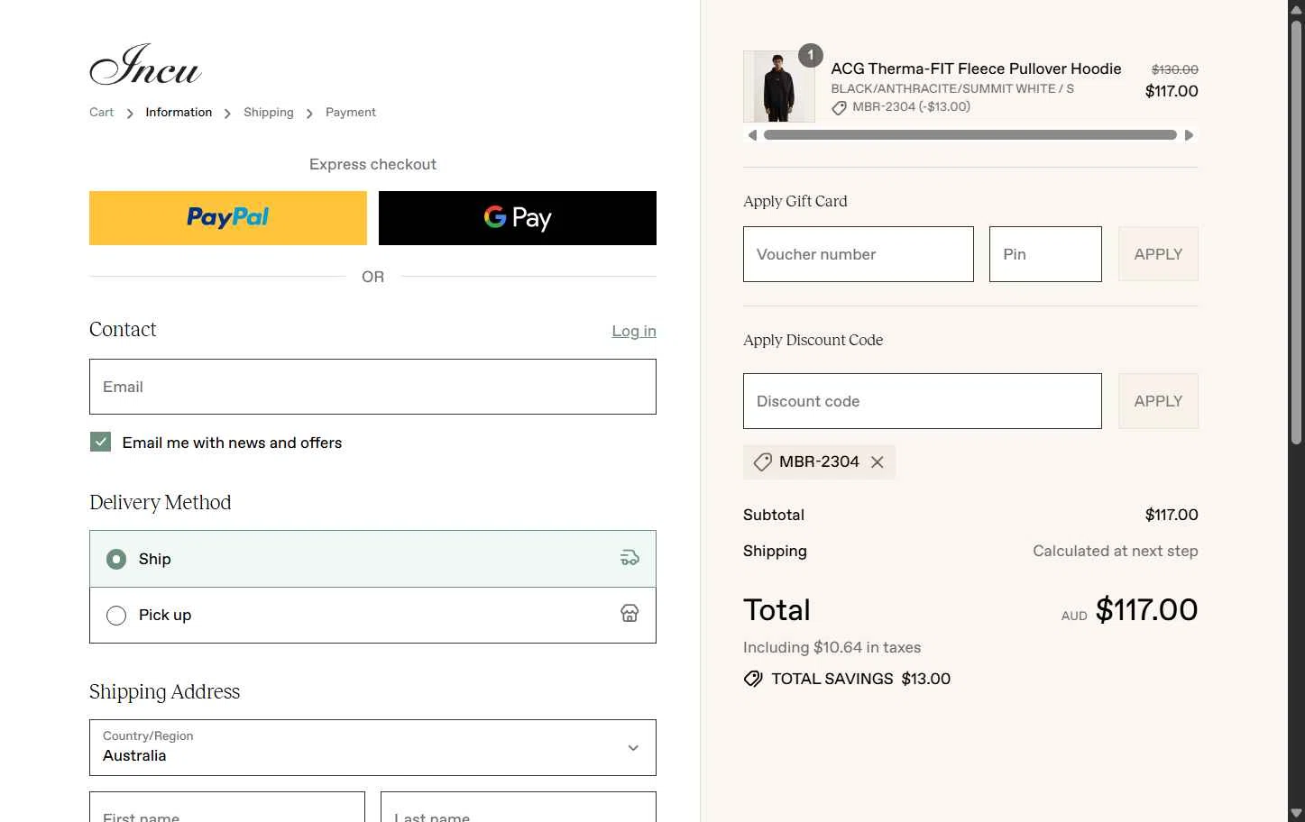Incu checkout page showing Incu promo code box | Screenshot taken by SimplyCodes community member on Aug 7, 2025