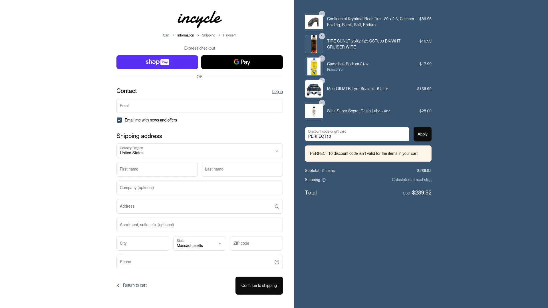 Incycle Bicycles checkout page showing Incycle Bicycles discount code box | Screenshot taken by SimplyCodes community member on Mar 10, 2025