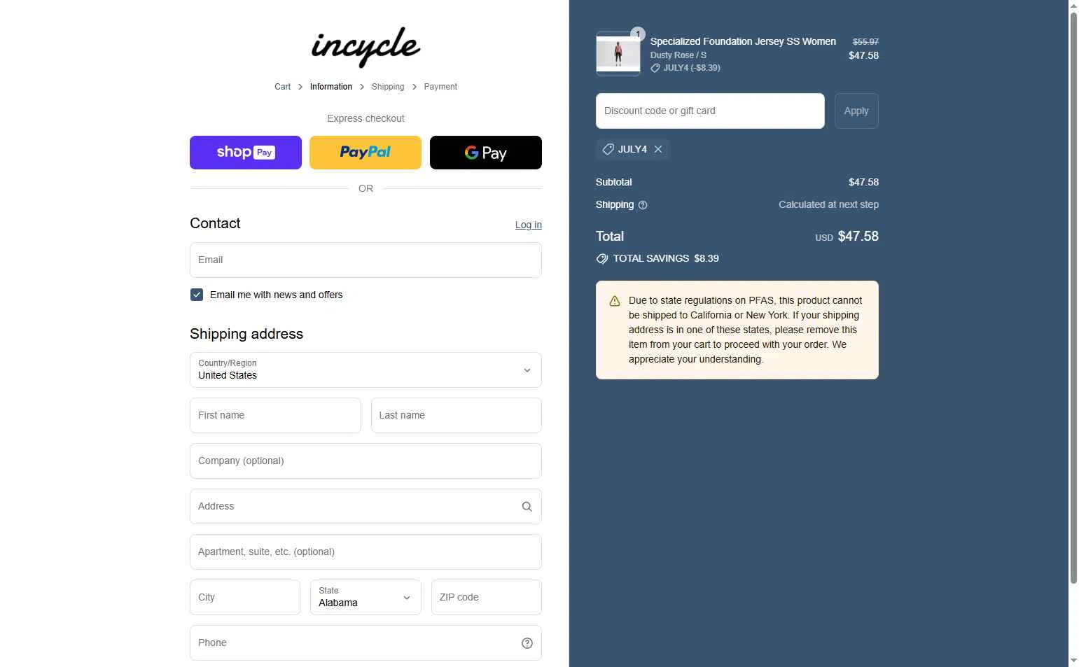 Incycle Bicycles checkout page showing Incycle Bicycles discount code box | Screenshot taken by SimplyCodes community member on Jul 4, 2025