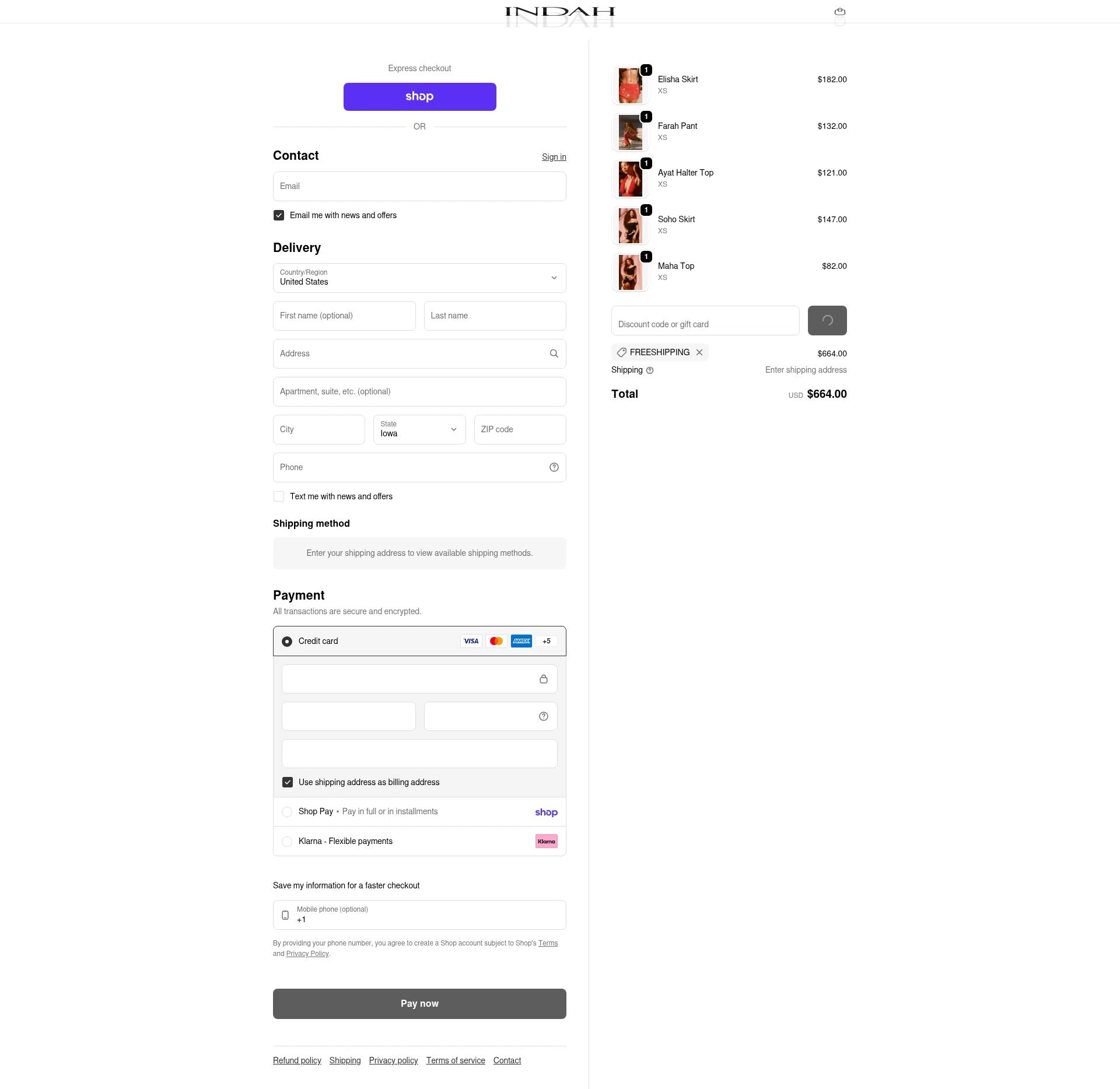 Indah Clothing checkout page showing Indah Clothing promo code box | Screenshot taken by SimplyCodes community member on Feb 18, 2026