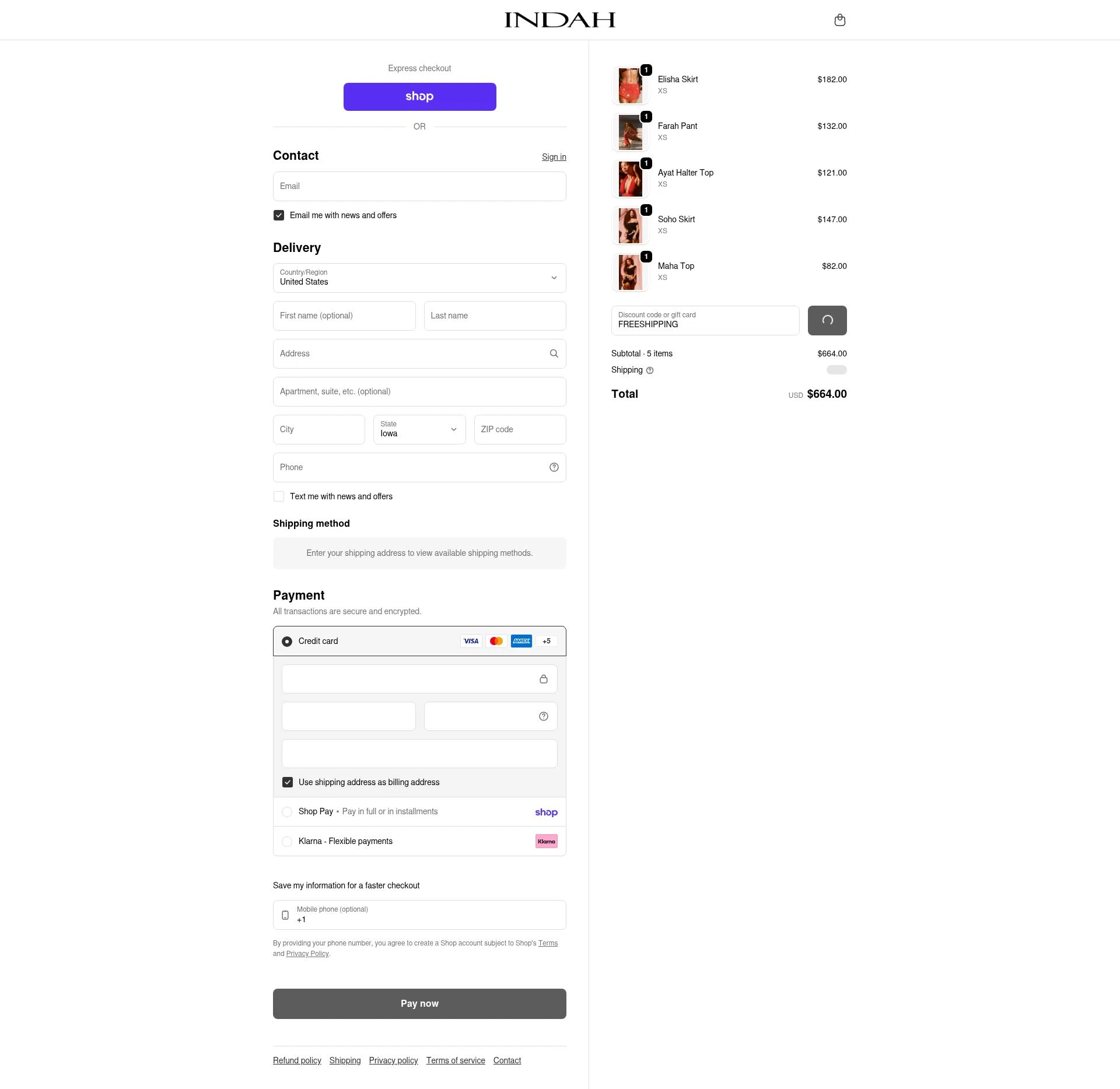 Indah Clothing checkout page showing Indah Clothing promo code box | Screenshot taken by SimplyCodes community member on Feb 13, 2026