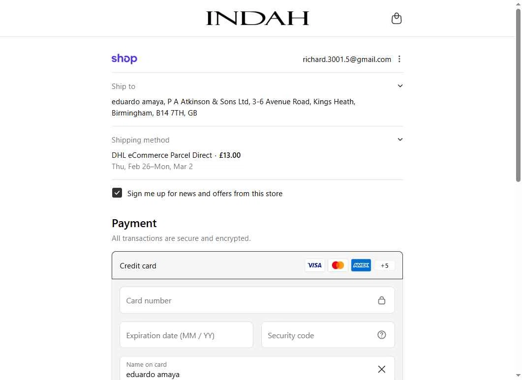 Indah Clothing checkout page showing Indah Clothing promo code box | Screenshot taken by SimplyCodes community member on Feb 13, 2026