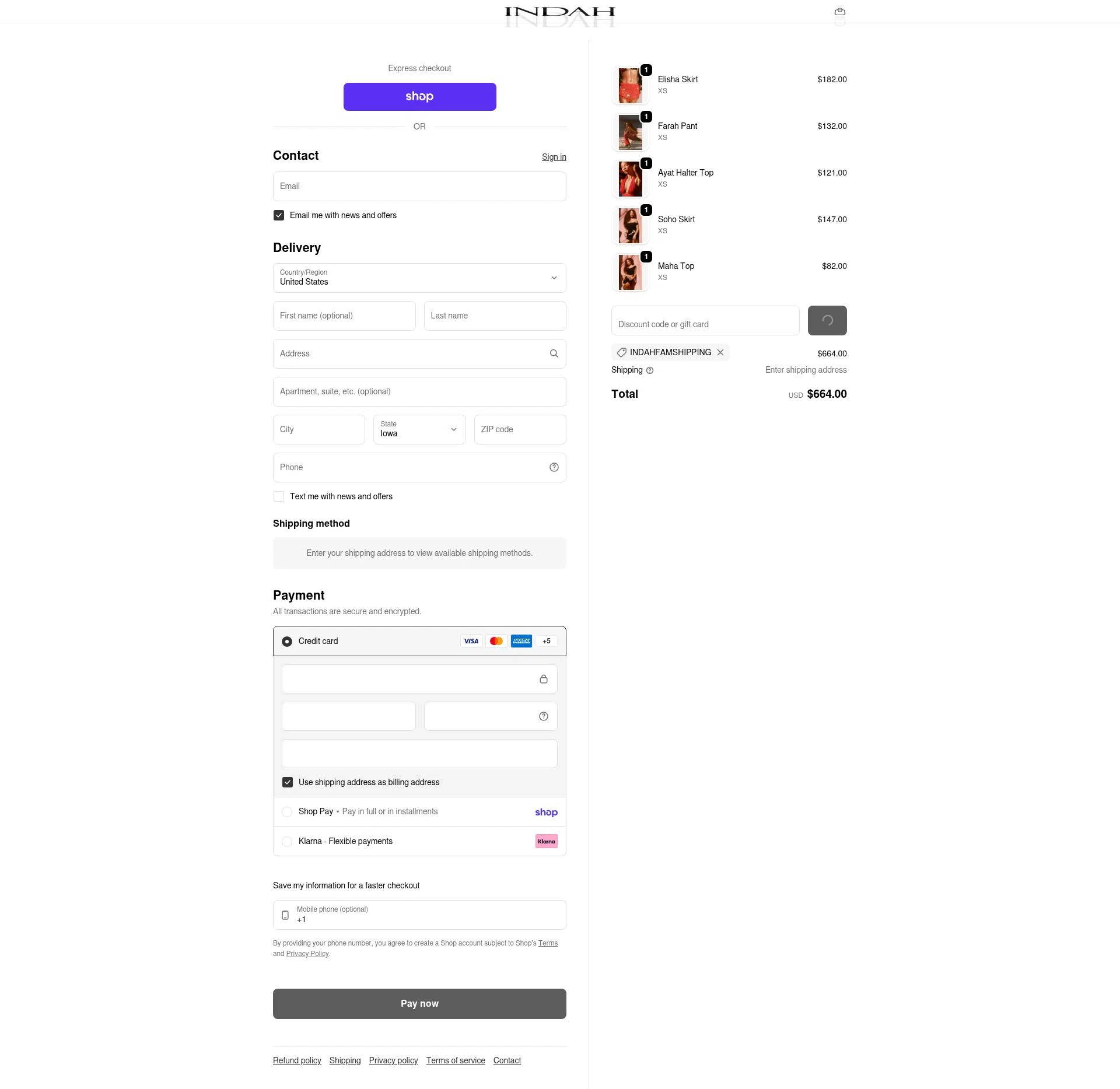 Indah Clothing checkout page showing Indah Clothing promo code box | Screenshot taken by SimplyCodes community member on Feb 18, 2026