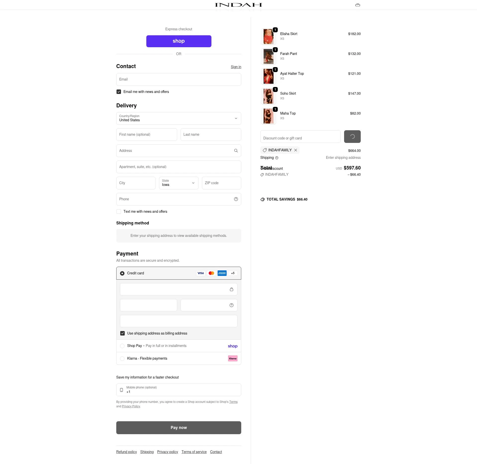 Indah Clothing checkout page showing Indah Clothing promo code box | Screenshot taken by SimplyCodes community member on Feb 13, 2026