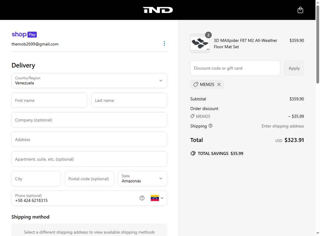 IND Distribution checkout page showing IND Distribution discount code box | Screenshot taken by SimplyCodes community member on May 24, 2025
