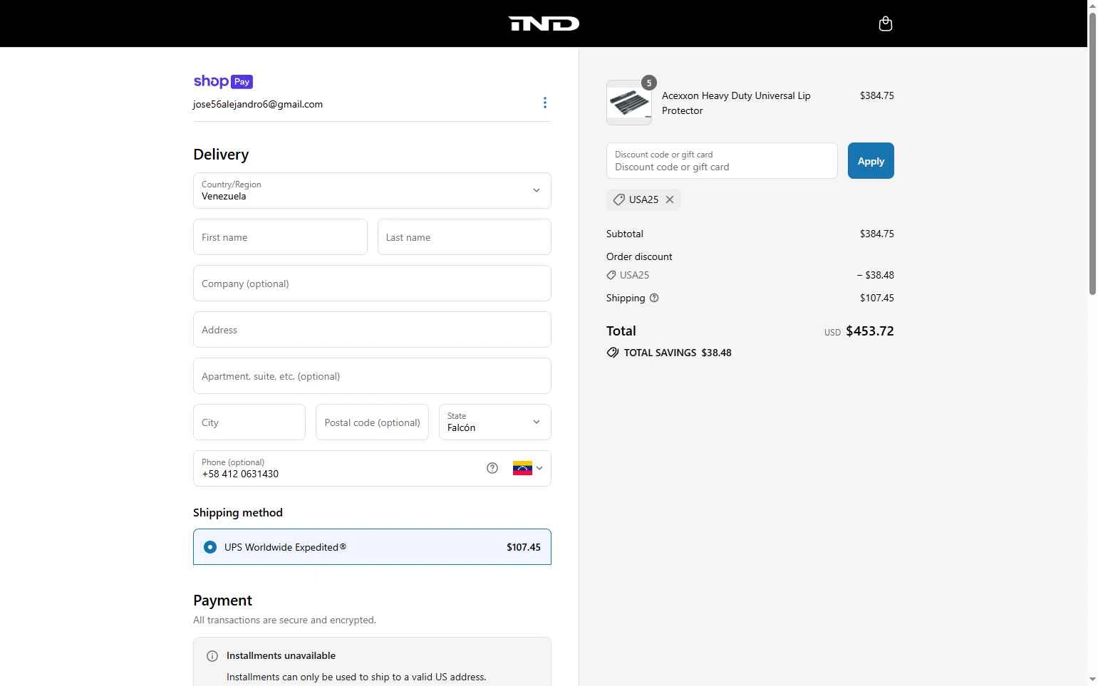 IND Distribution checkout page showing IND Distribution discount code box | Screenshot taken by SimplyCodes community member on Jul 3, 2025