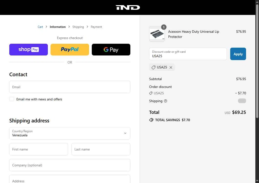 IND Distribution checkout page showing IND Distribution discount code box | Screenshot taken by SimplyCodes community member on Jul 3, 2025