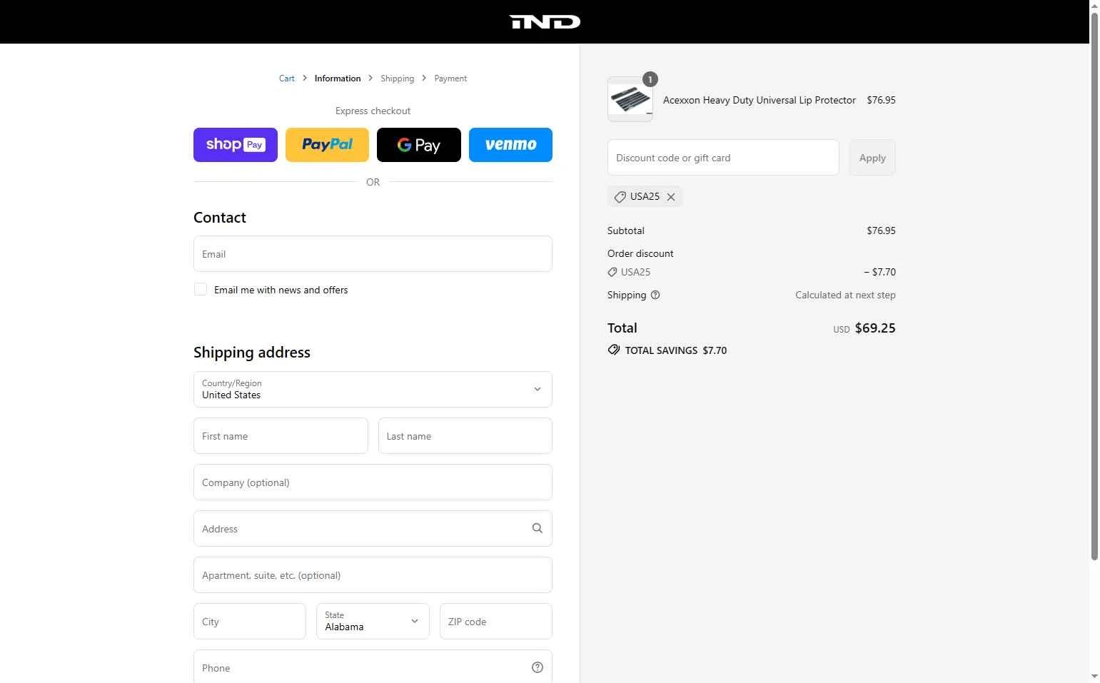 IND Distribution checkout page showing IND Distribution discount code box | Screenshot taken by SimplyCodes community member on Jul 3, 2025