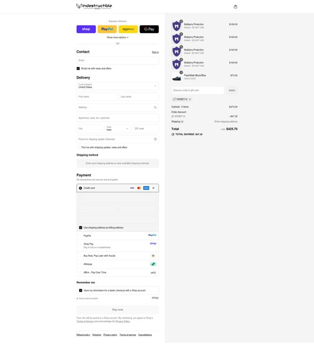 Indestructible Shoes checkout page showing Indestructible Shoes discount code box | Screenshot taken by SimplyCodes community member on Sep 13, 2025