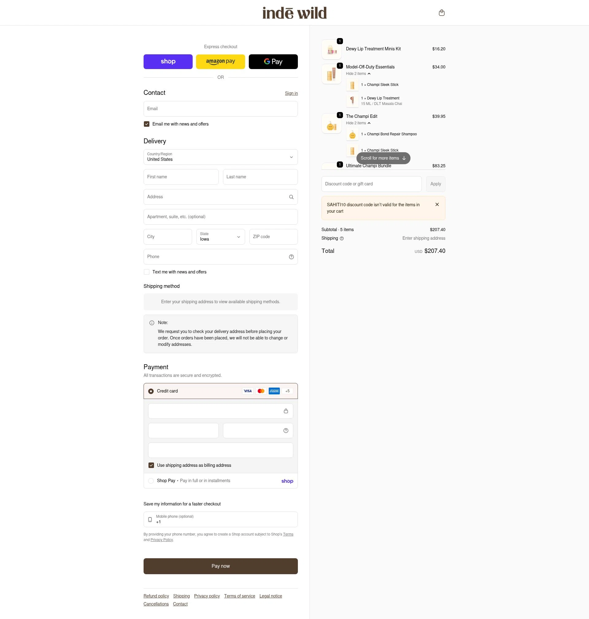 Inde Wild checkout page showing Inde Wild coupon code box | Screenshot taken by SimplyCodes community member on Feb 14, 2026