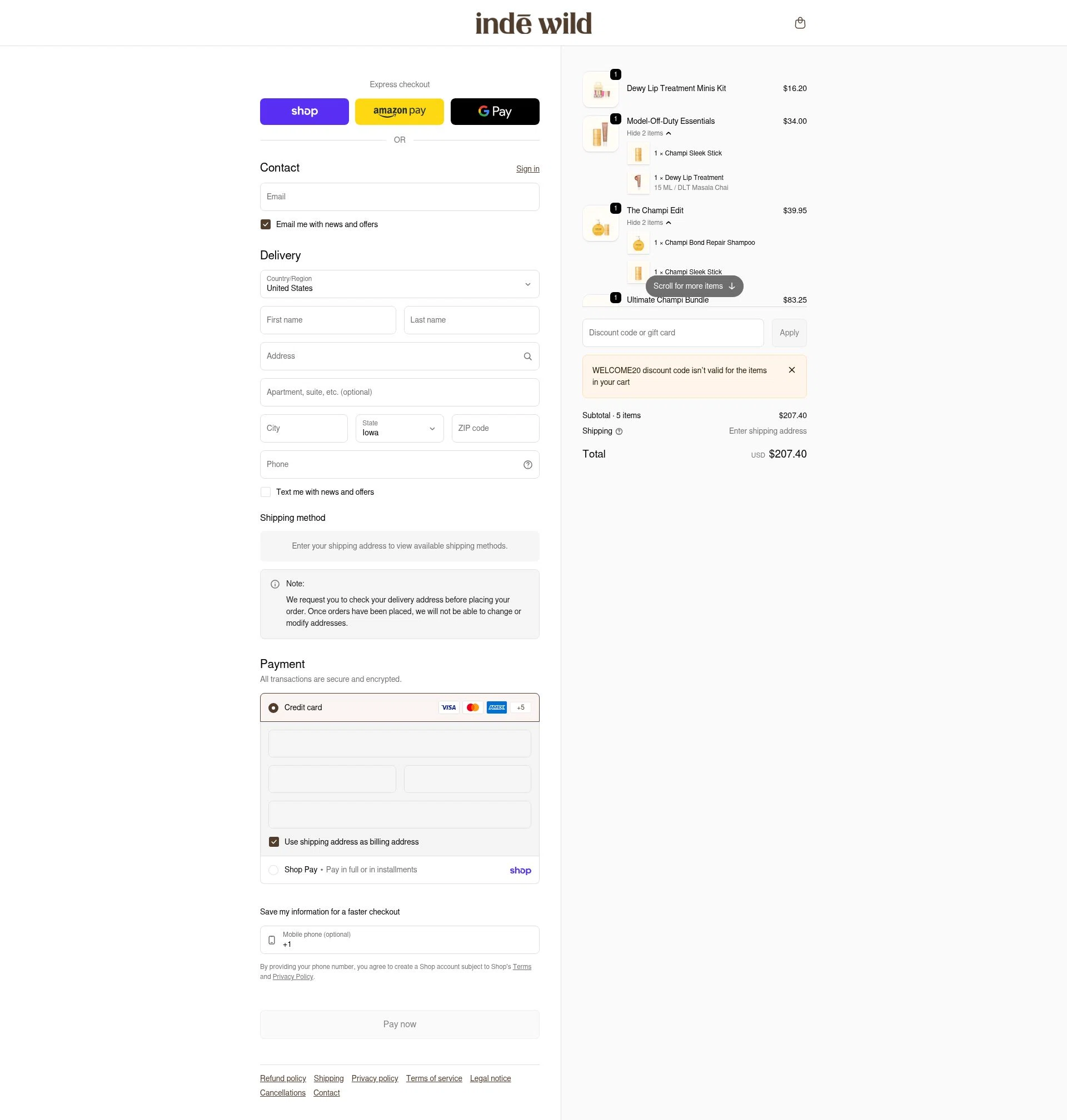 Inde Wild checkout page showing Inde Wild coupon code box | Screenshot taken by SimplyCodes community member on Feb 18, 2026
