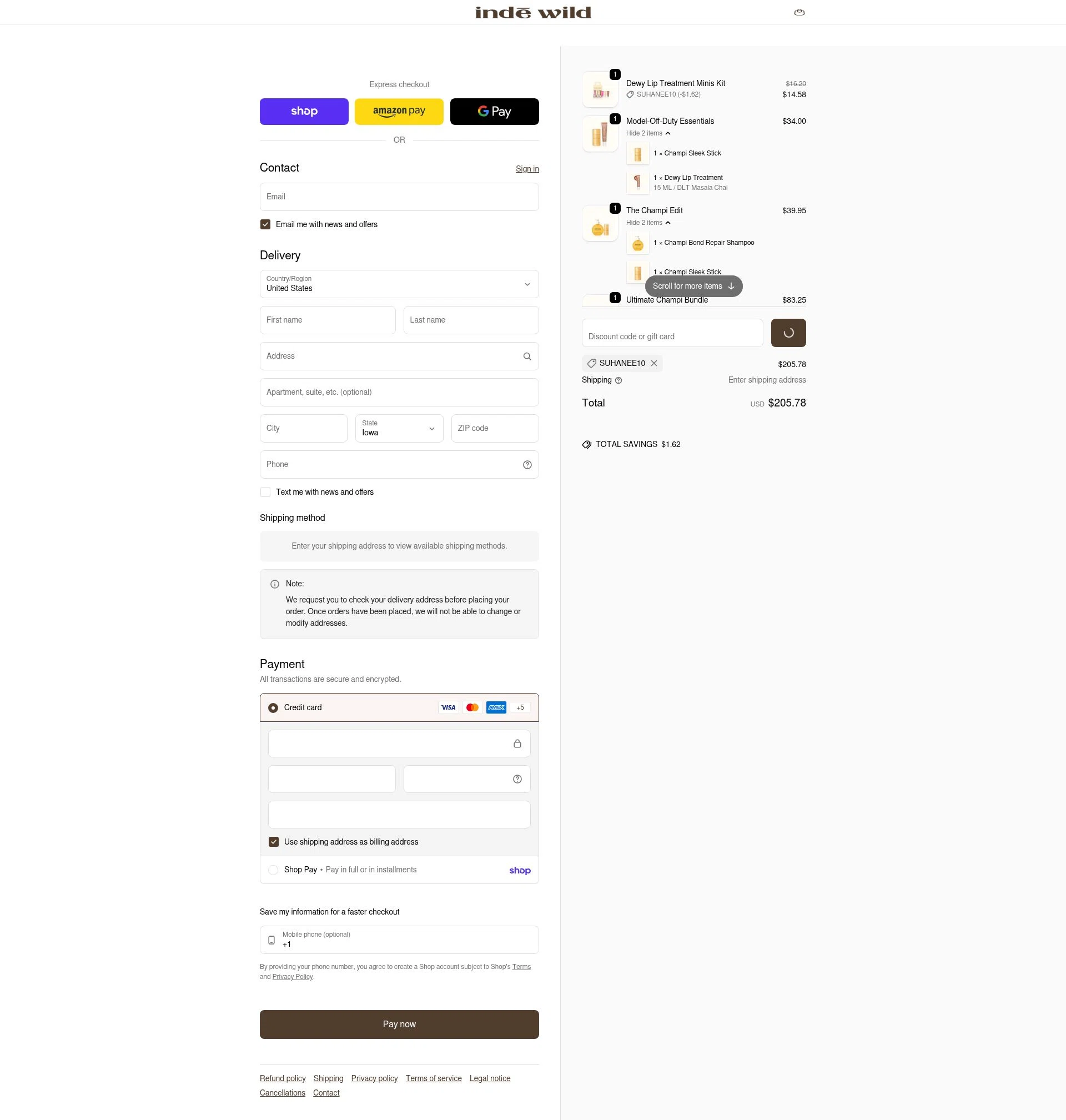 Inde Wild checkout page showing Inde Wild coupon code box | Screenshot taken by SimplyCodes community member on Feb 18, 2026