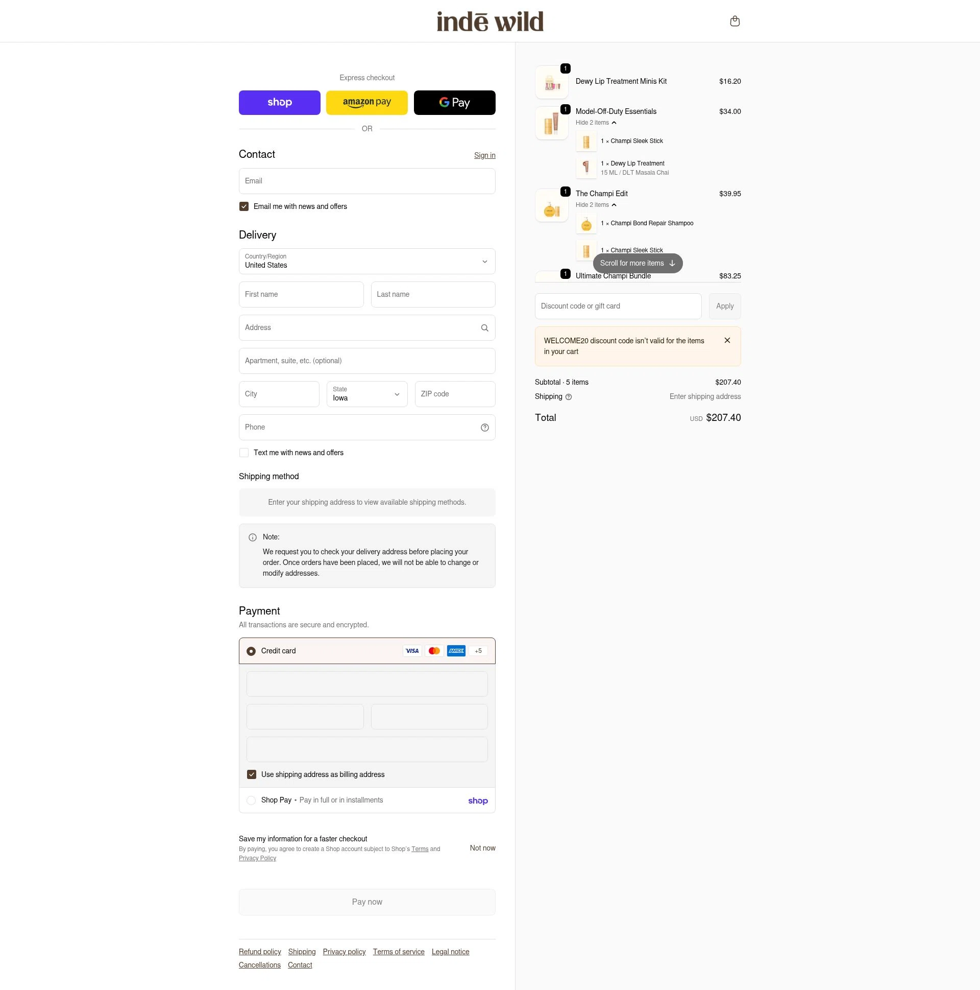 Inde Wild checkout page showing Inde Wild coupon code box | Screenshot taken by SimplyCodes community member on Feb 19, 2026