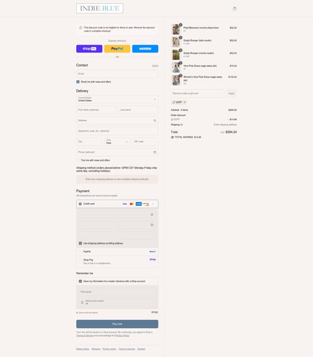 Indie Blue checkout page showing Indie Blue discount code box | Screenshot taken by SimplyCodes community member on Aug 27, 2025