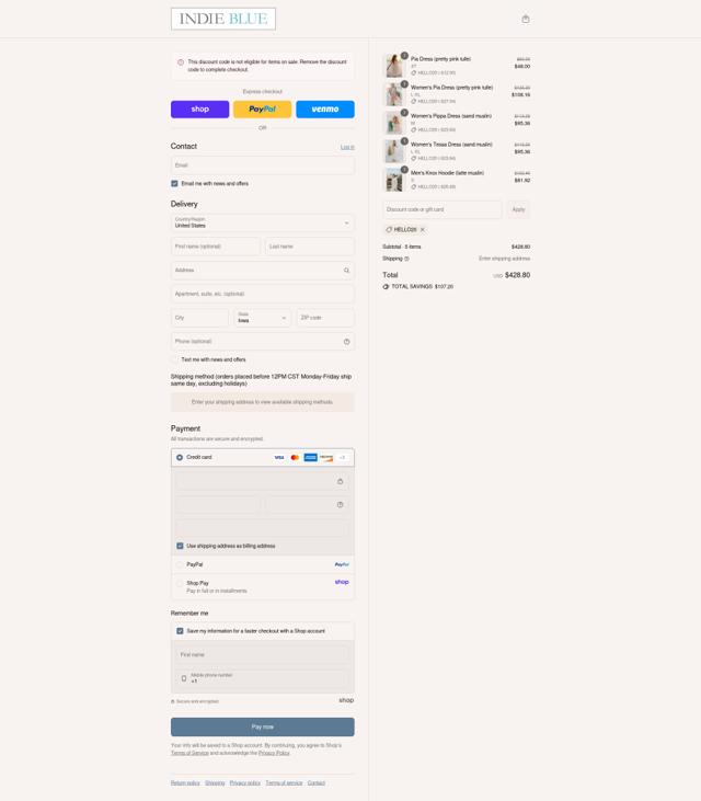 Indie Blue checkout page showing Indie Blue discount code box | Screenshot taken by SimplyCodes community member on Aug 31, 2025
