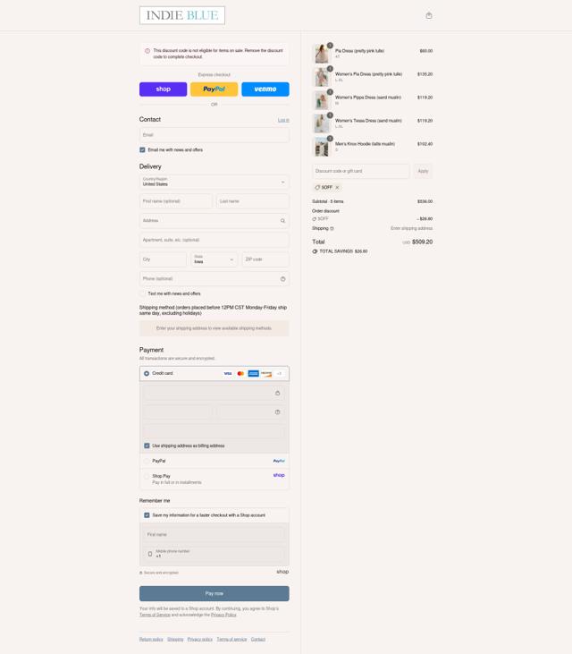 Indie Blue checkout page showing Indie Blue discount code box | Screenshot taken by SimplyCodes community member on Sep 5, 2025