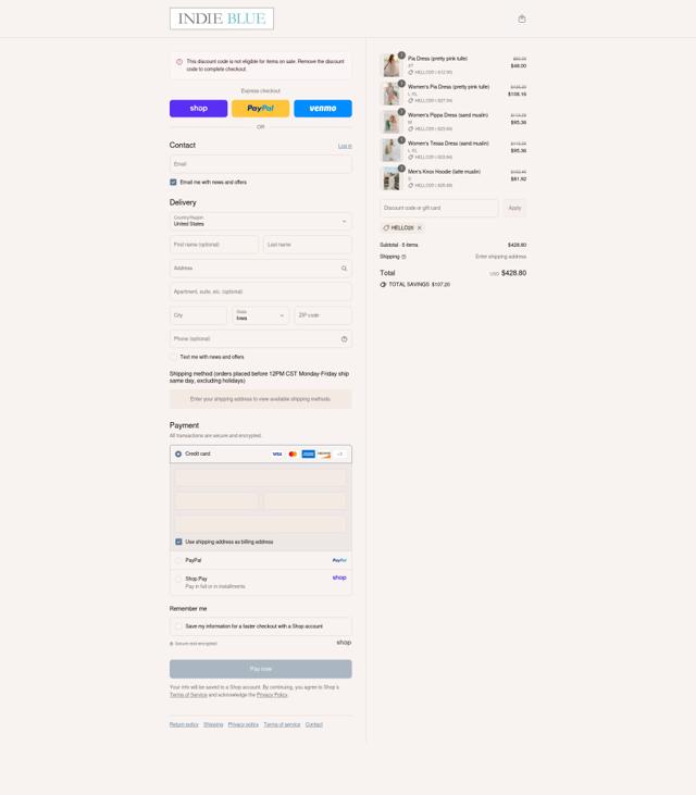 Indie Blue checkout page showing Indie Blue discount code box | Screenshot taken by SimplyCodes community member on Sep 4, 2025