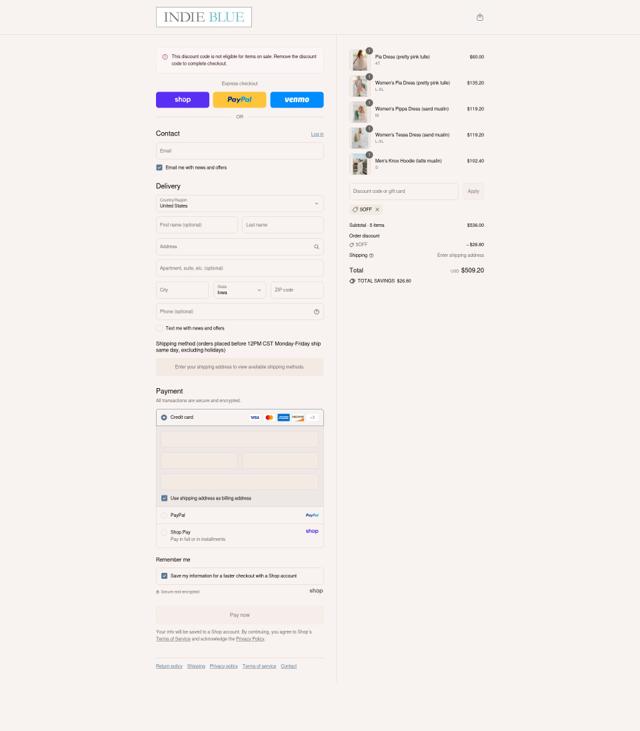 Indie Blue checkout page showing Indie Blue discount code box | Screenshot taken by SimplyCodes community member on Aug 31, 2025