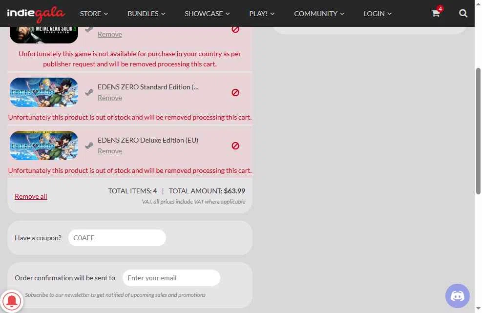 IndieGala checkout page showing IndieGala promo code box | Screenshot taken by SimplyCodes community member on May 4, 2025